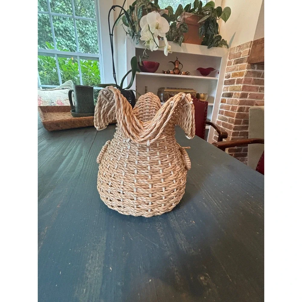Vintage Woven Straw Ruffle Top Basket Bow Detail Boho Decor Made in Korea